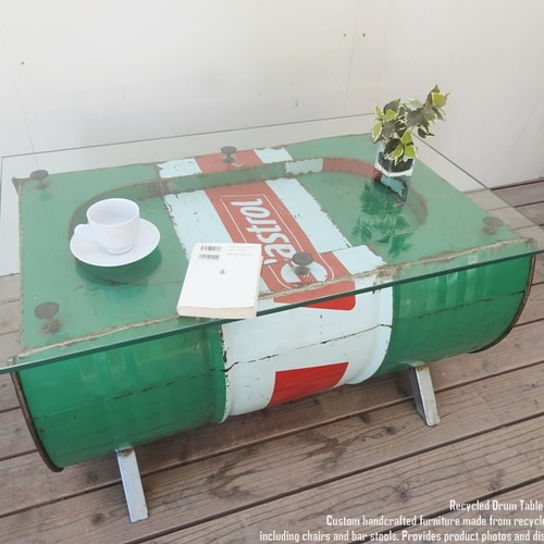 一点物ドラム缶をリメイクしたテーブル 90cm ロング ガラステーブル