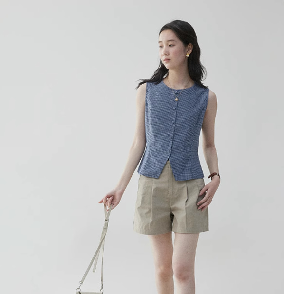 チェック柄 ラウンドネック ノースリーブ タンクトップ レディース 夏