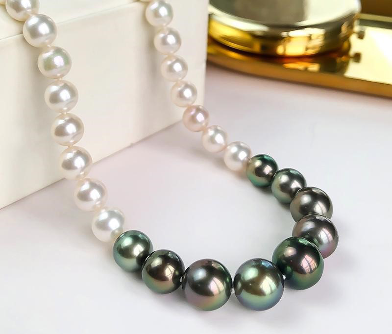 【La Corser】7-12mm タヒチアンパール グラデーションカラーブロックネックレス ミックスカラー アコヤタワーチェー
