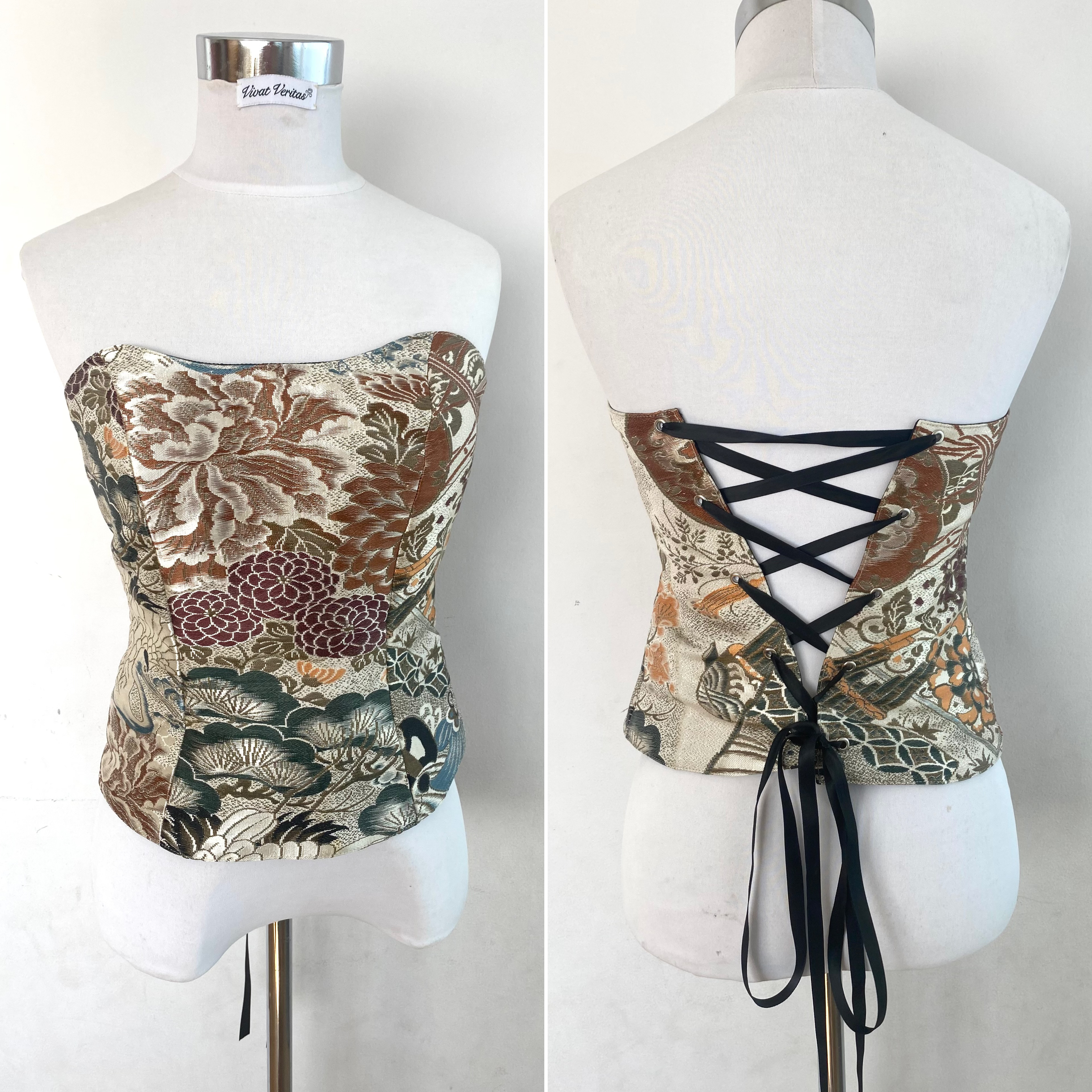 着物リメイク】 帯リメイク 鶴柄ペプラムシルクビスチェ リバーシブル