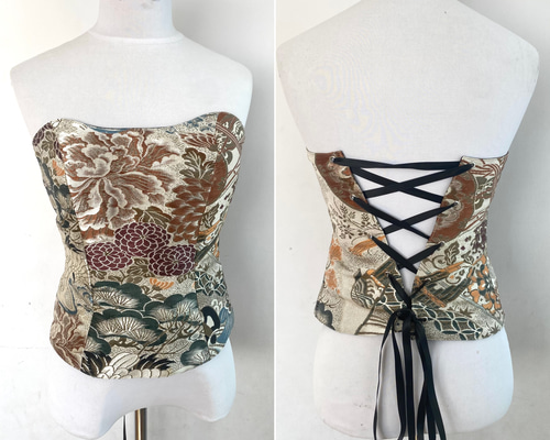 着物リメイク】 帯リメイク 鶴柄ペプラムシルクビスチェ リバーシブル