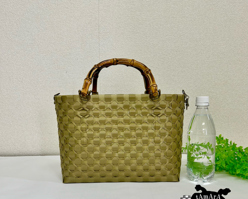 パステル和装バンブーバッグ MUGIBAG*刺繍*ピンクベージュ*がま口バッグ*バンブーバッグ*和装