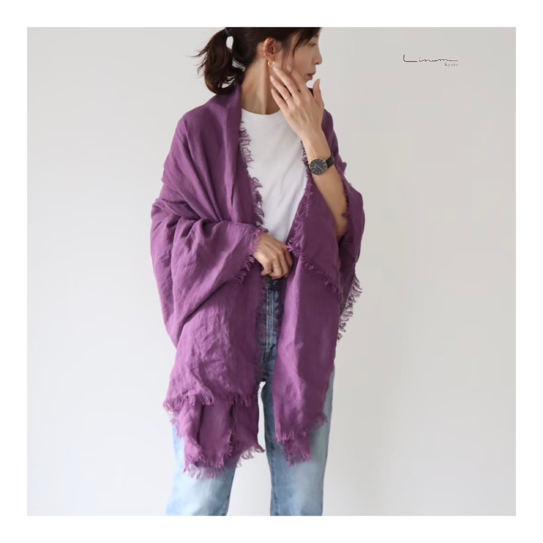 洗い込まれてふっくら柔らかなベルギーリネンストール／四方切りっぱなしフリンジ大判ストール／グレープ