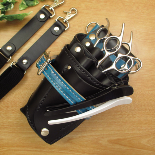【特別価格】ブラック＆ブルー　６丁差し　本革シザーケース　SCA-150/CKB 本革 手縫い 6丁差しシザーケース (ブラック×ブルー) SCA-150