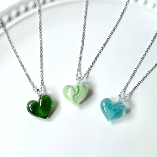 ガラスのハートネックレス(クリアグリーン、マーブル緑、トルコ