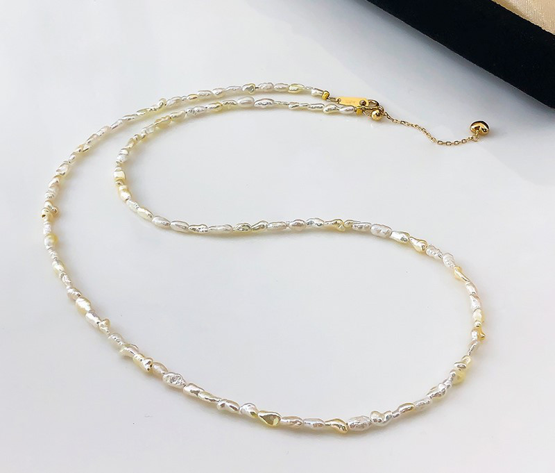 【ラコルセア】クリームゴールドとシルバーのデザインネックレス 2-3mm 天然シャンパンゴールドアコヤ天然ケシ特殊形状海水真珠と