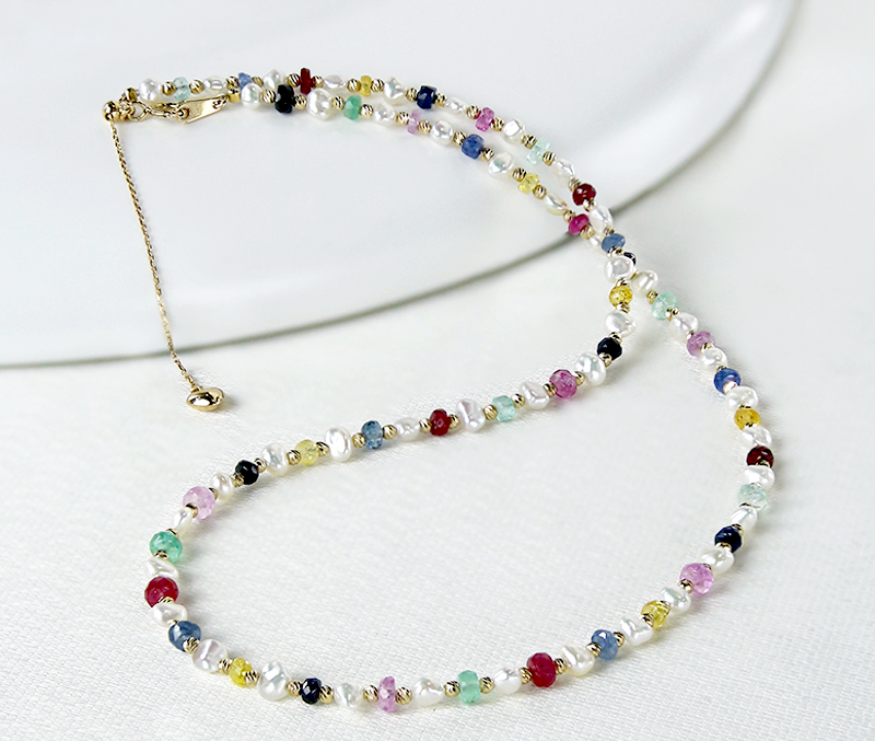 【La Corser】レインボードーパミンデザインネックレス 2.5mm アコヤケシミックスシルバーチェーン レッド＆ブルーサフ