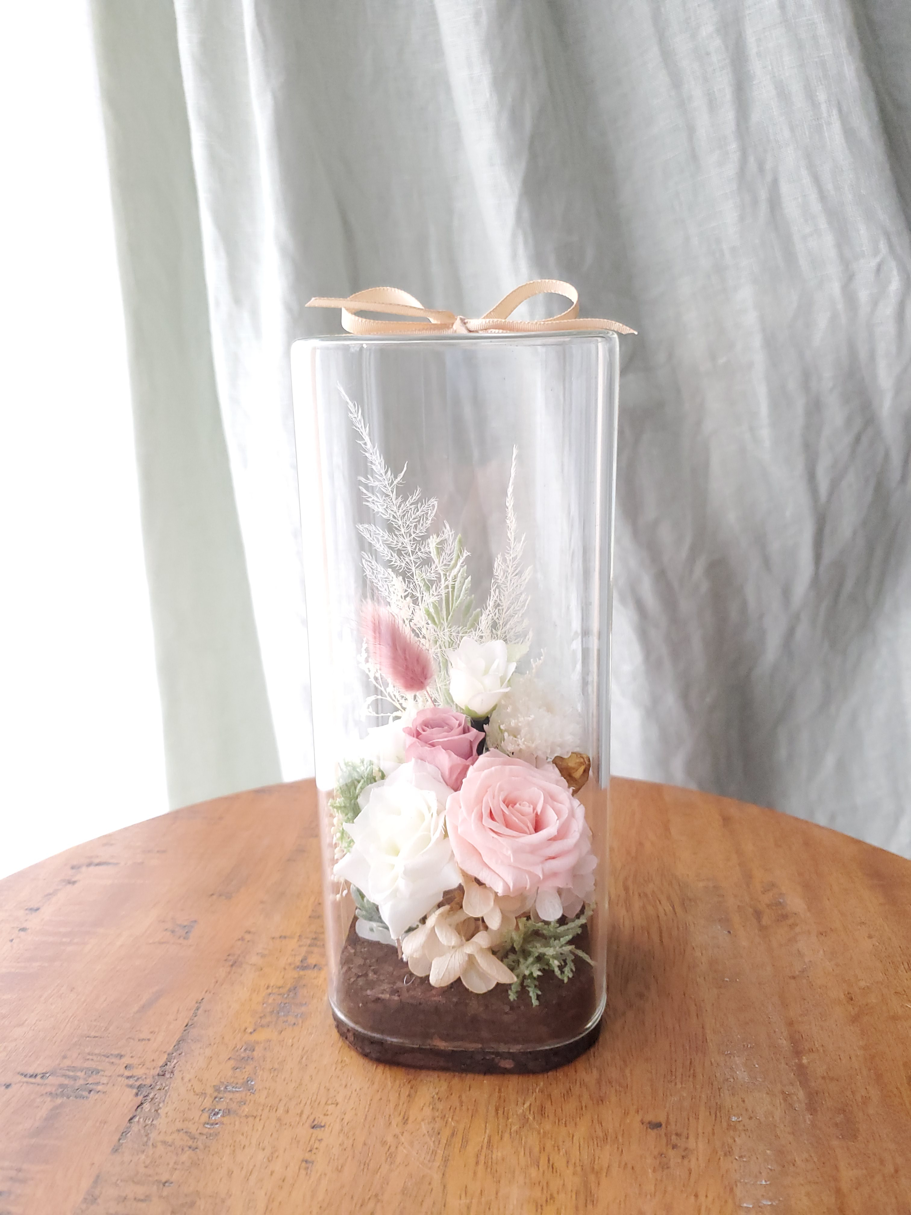 プリザーブドフラワーアレンジメント in Glass Square＊ピンク＊インテリア・ギフト【受注制作】20×8㎝