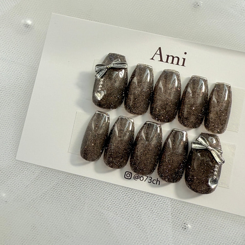 ネイルチップ＊enoiフラッシュ ブラック黒 ガーリー リボンチャーム