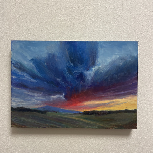 オイルパステル画『黄昏の余光』原画・風景画・夕暮れの空・癒しのアート