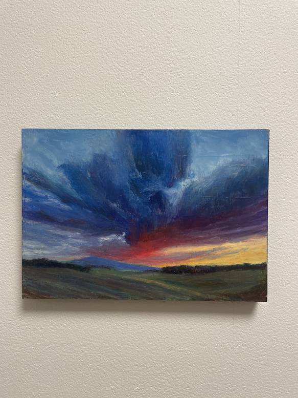 オイルパステル画『黄昏の余光』原画・風景画・夕暮れの空・癒し