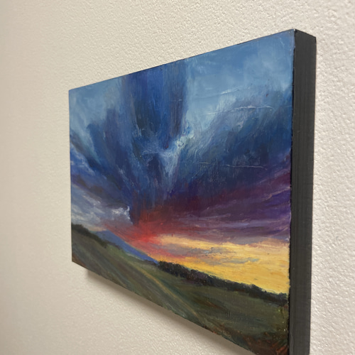 オイルパステル画『黄昏の余光』原画・風景画・夕暮れの空・癒しのアート