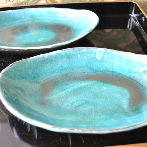 萩原将之 ターコイズ 陶器皿 2枚セット 22cm 再入荷！】小皿2枚セット