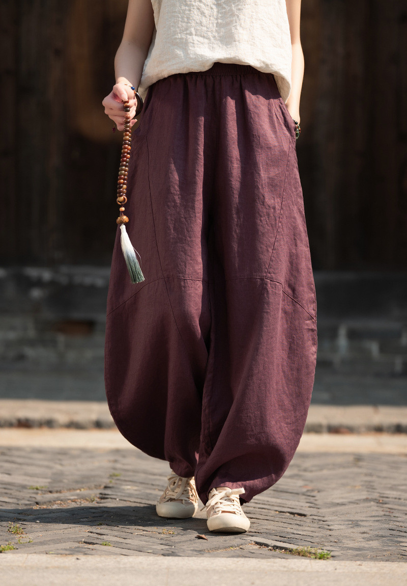 100%亜麻夏は涼しいロングパンツ 純リネンワイドパンツ #禅紫色