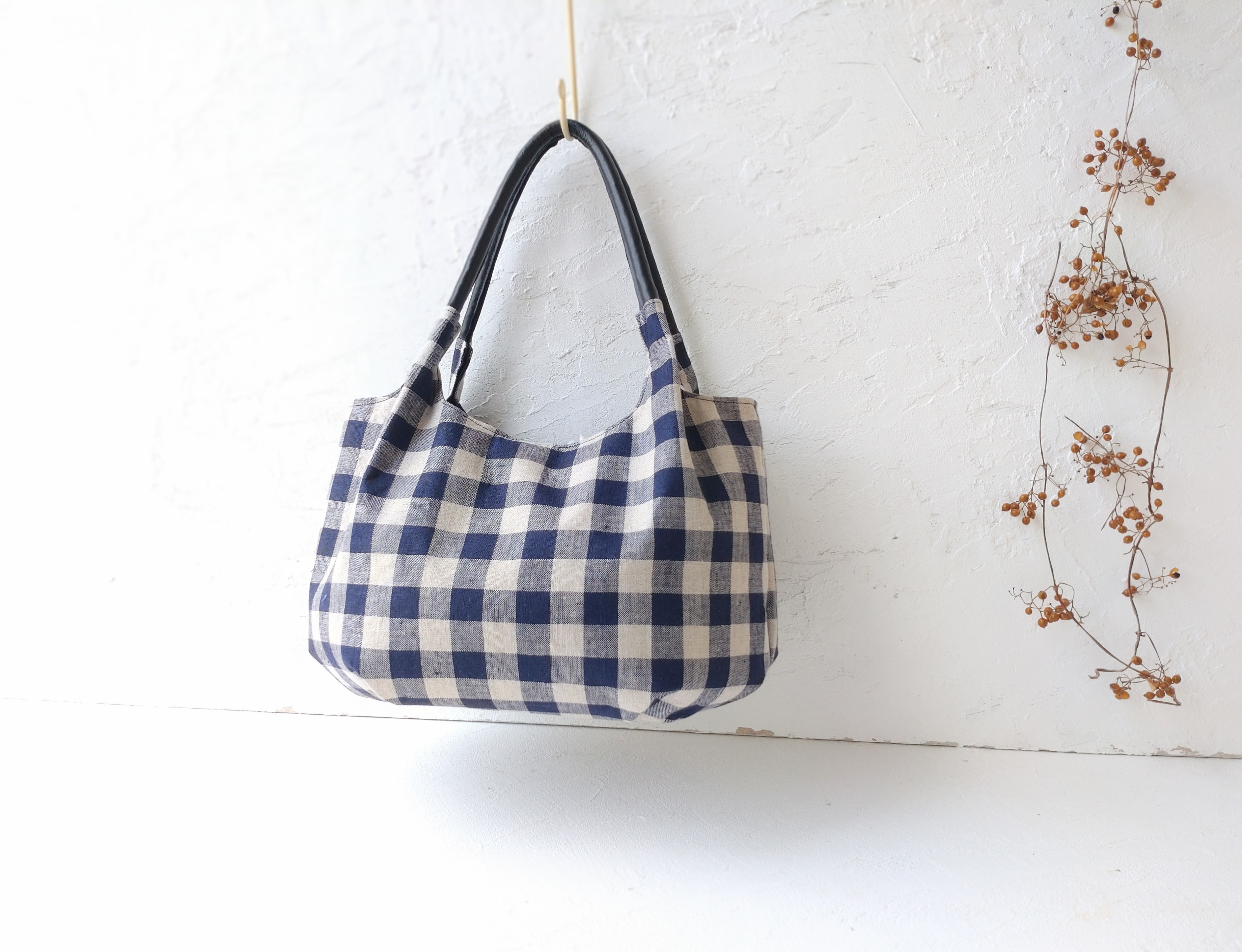 リトアニアリネン　ブロックチェック　バルーンバッグ