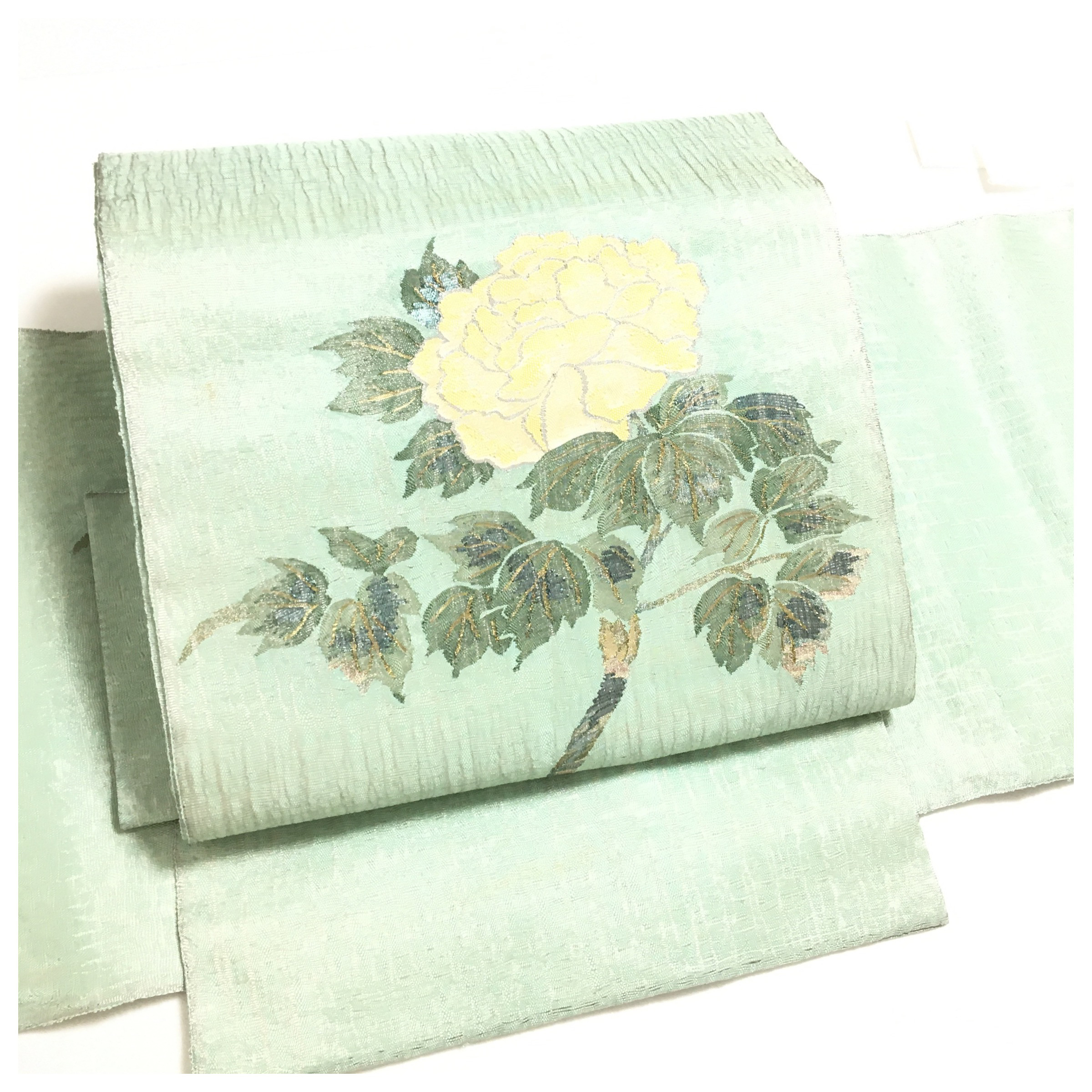 夏物　袋帯　正絹　二部式　御太鼓　花模様　淡い黄緑　二重太鼓　作り帯