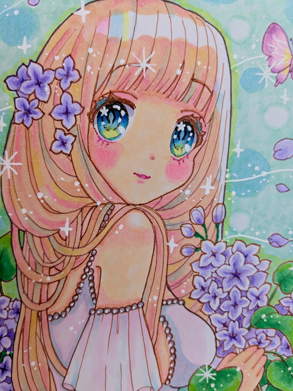 エリちびイースター/手描きイラスト/イラストオーダー/イラスト原画 手描きイラスト原画 ヒーリング 「ラッキーライラック