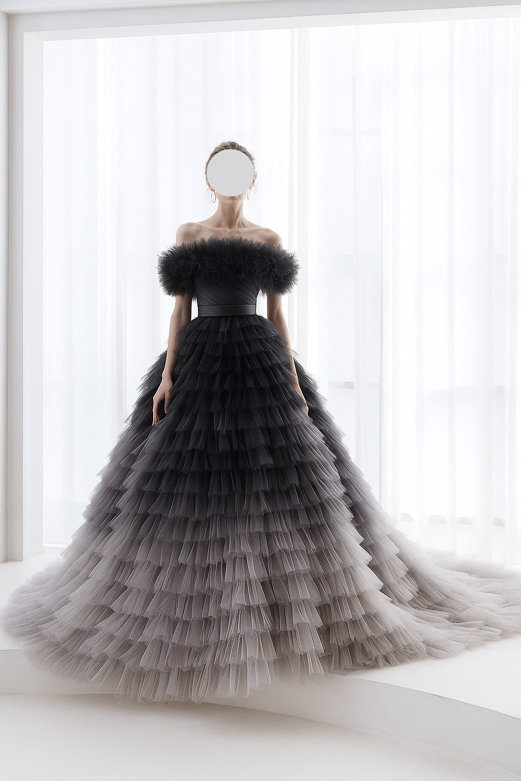 送料無料！カラードレス グラデーションドレス ブラック オフショルダー 柔らかく重ねたチュールスカート ブライダル