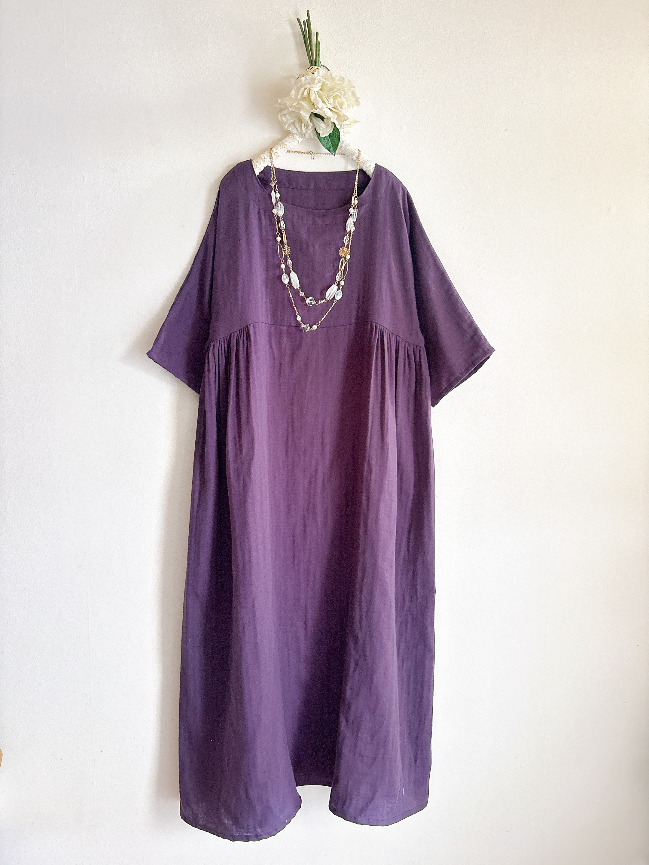 ふわふわ大人のダブルガーゼ☆サイドギャザーワンピース❤️パープル❤️ロング丈【色変更ok‼️】七分袖