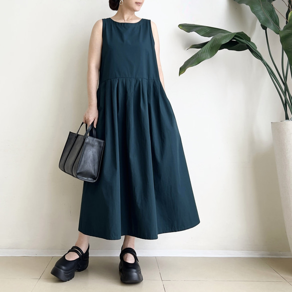 Cotton素材ノースリーブワンピース　* Dark Green * 2枚目の画像
