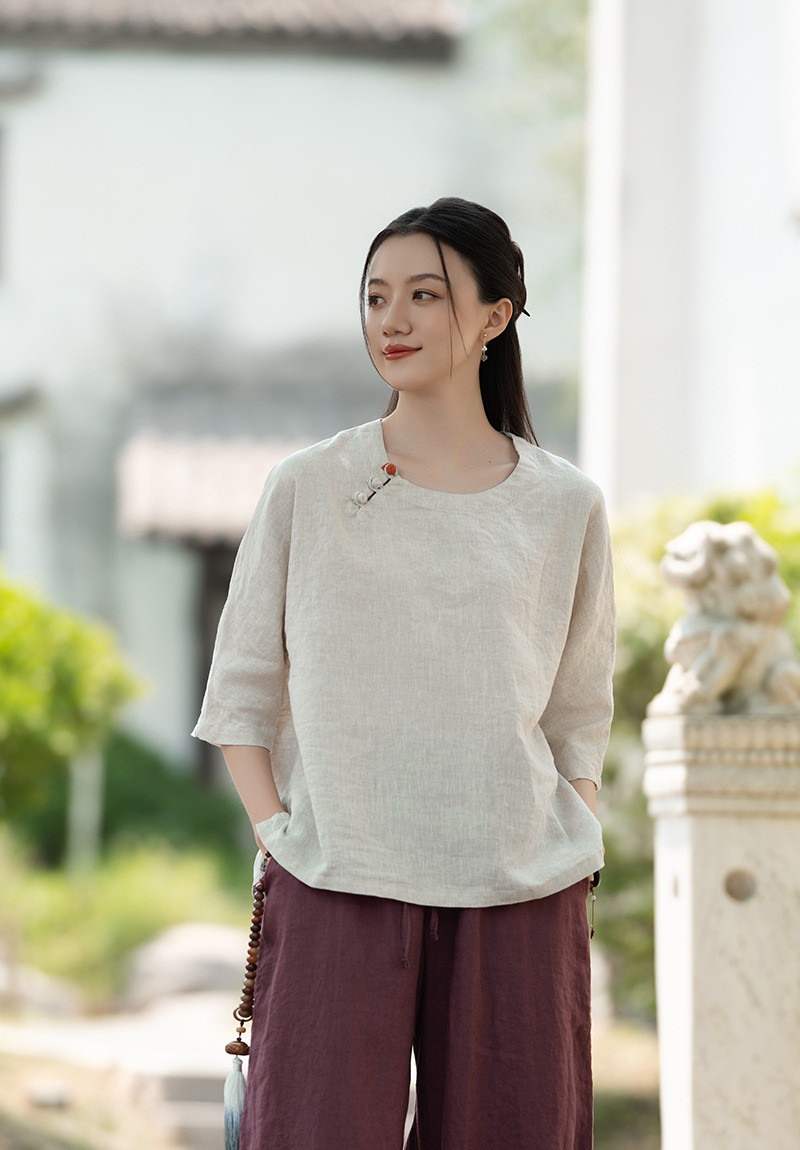 100%亜麻 禅意プルオーバーシャツ 麻色 ～天然素材の究極美学～ 8381