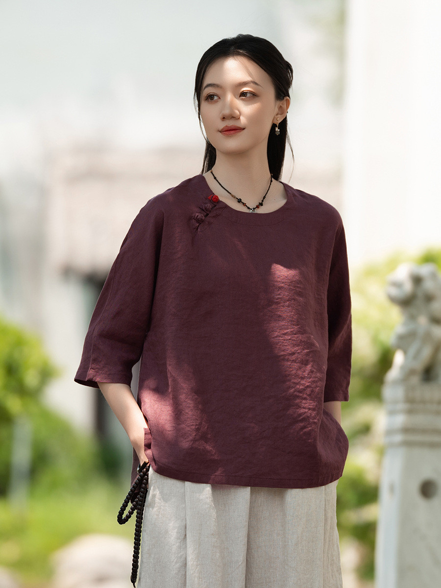 100%亜麻 禅意プルオーバーシャツ 禅紫 ～紫に宿る宇宙の叡智～ 8381