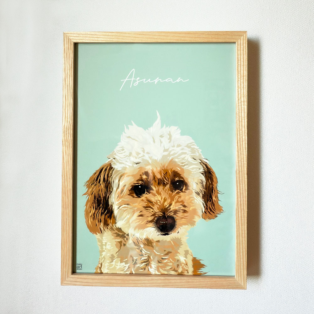 A5,A4,A3サイズ 上質木製額と手描きイラストセット 長方形 壁掛け フォトマット紙印刷  インテリア 犬 猫