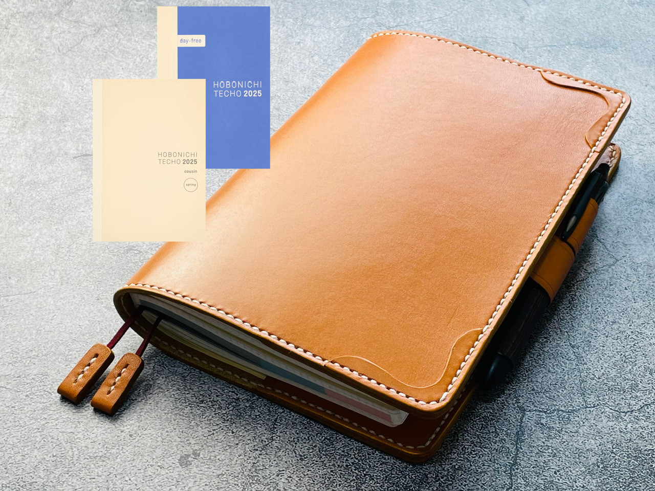 【手縫】ほぼ日手帳カズンA5用キャメル本革手帳カバー（角花飾）2本しおり付（バタフライストッパー）