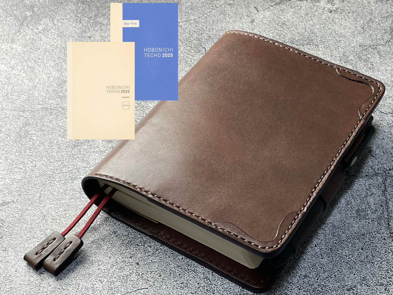 【手縫】ほぼ日手帳カズンA5用チョコ本革手帳カバー（角花飾）2本しおり付き（バタフライストッパー）