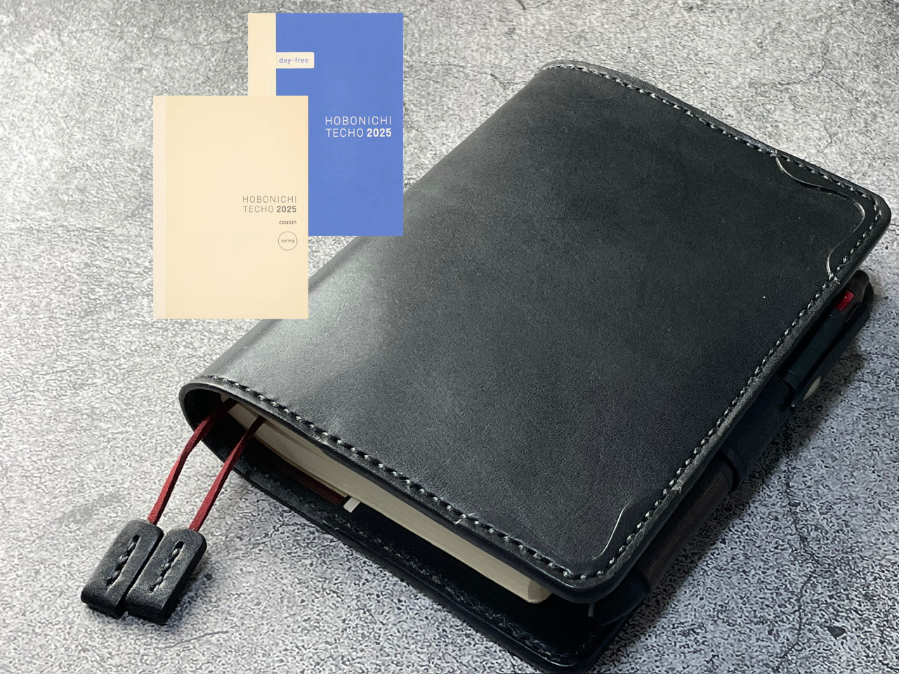 【手縫】ほぼ日手帳カズンA5用ブラック黒本革手帳カバー（角花飾）2本しおり付き（バタフライストッパー）