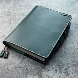 【手縫】ほぼ日手帳カズンA5用ブルーグリーン本革手帳カバー（角花飾）2本しおり付き（バタフライストッパー） 3枚目の画像