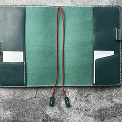 【手縫】ほぼ日手帳カズンA5用ブルーグリーン本革手帳カバー（角花飾）2本しおり付き（バタフライストッパー） 8枚目の画像