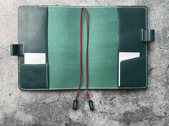 【手縫】ほぼ日手帳カズンA5用ブルーグリーン本革手帳カバー（角花飾）2本しおり付き（バタフライストッパー） 8枚目の画像