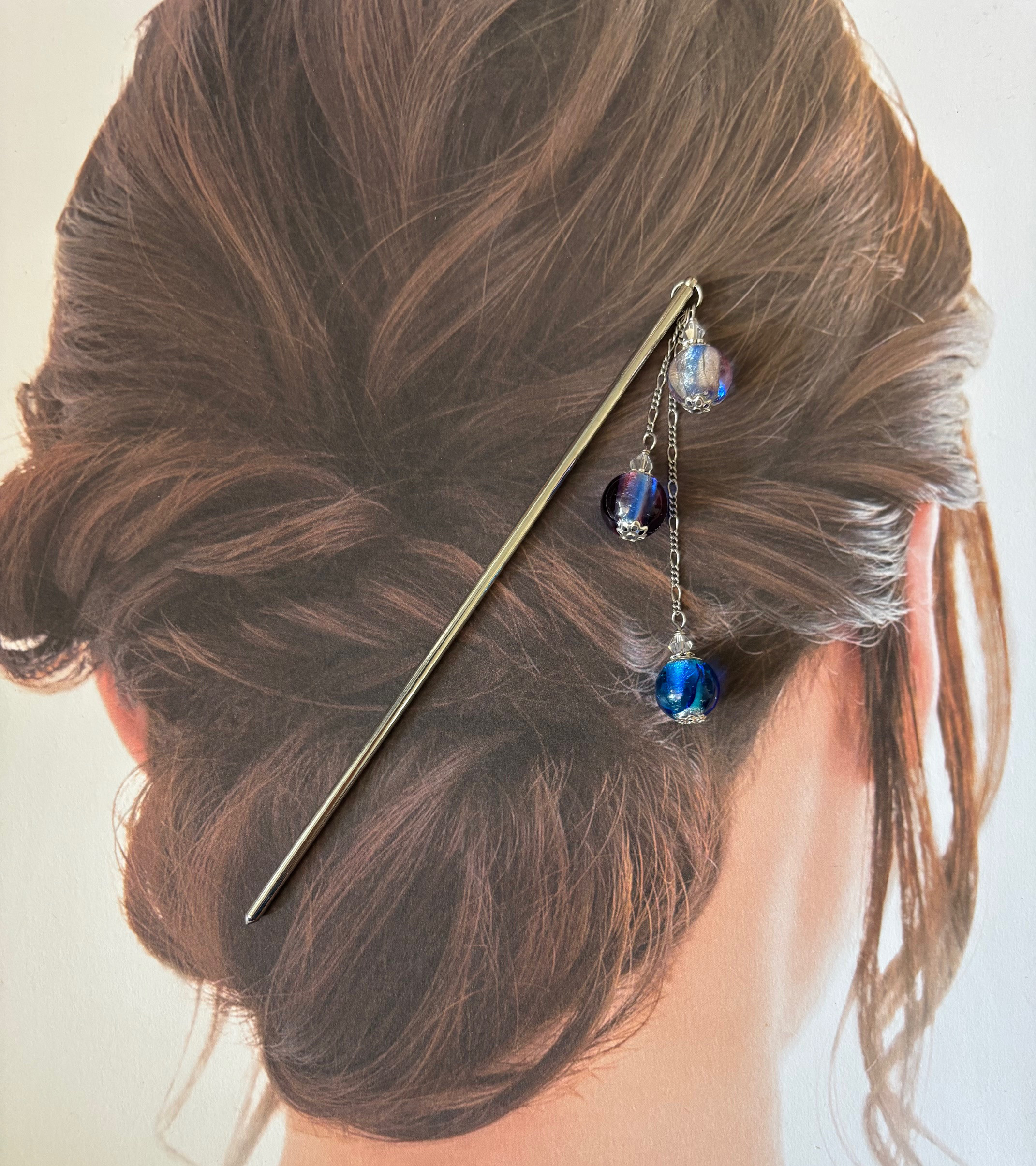 かんざし　青と紫のとんぼ玉３連　一本挿し　一本簪　涼しげ　夏　青　水色　ガラス　トンボ玉