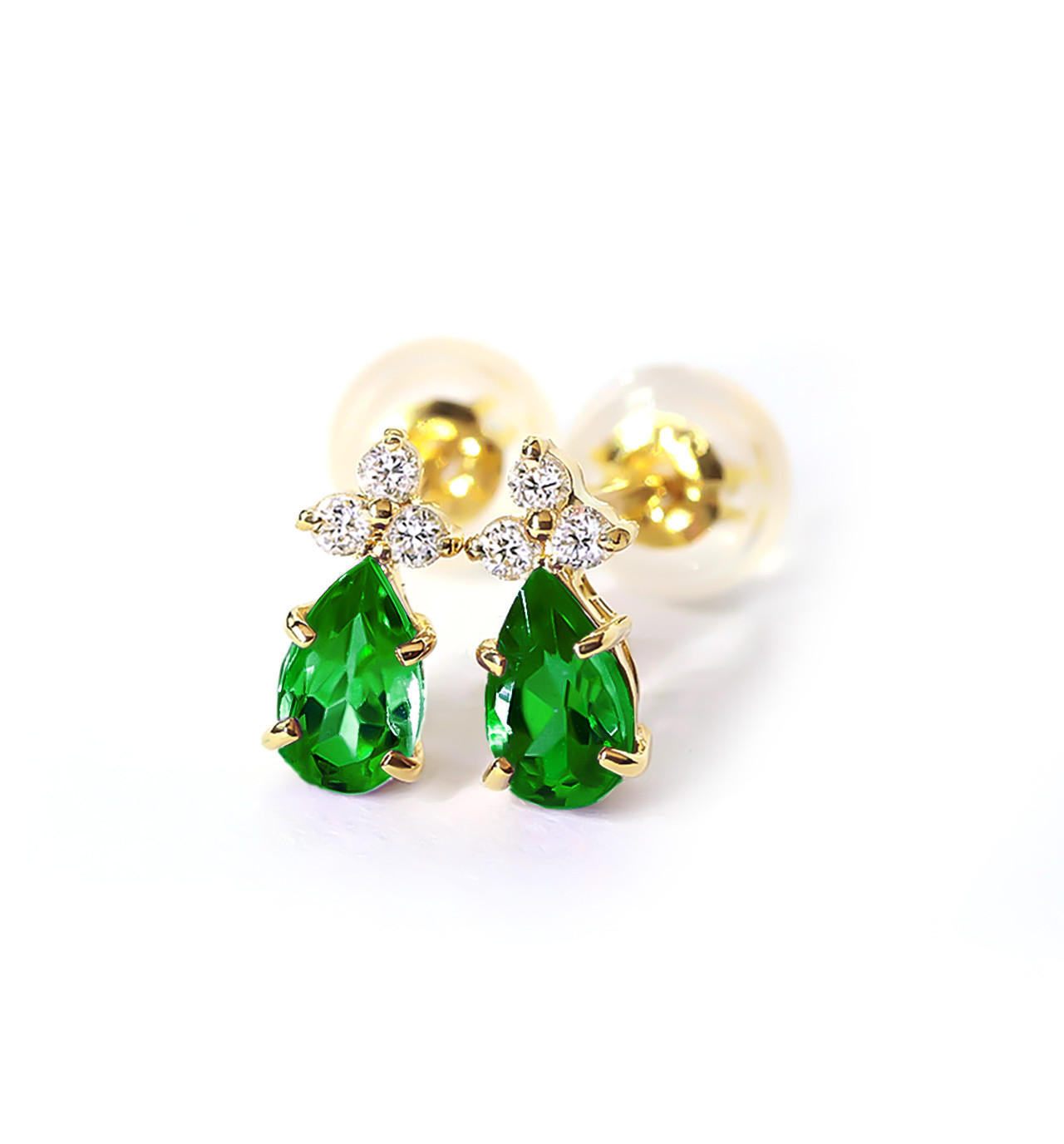 K18 ツァボライト(グリーンガーネット)＆ダイヤモンドのポストピアス ~Ello Lilas~ 1月誕生石