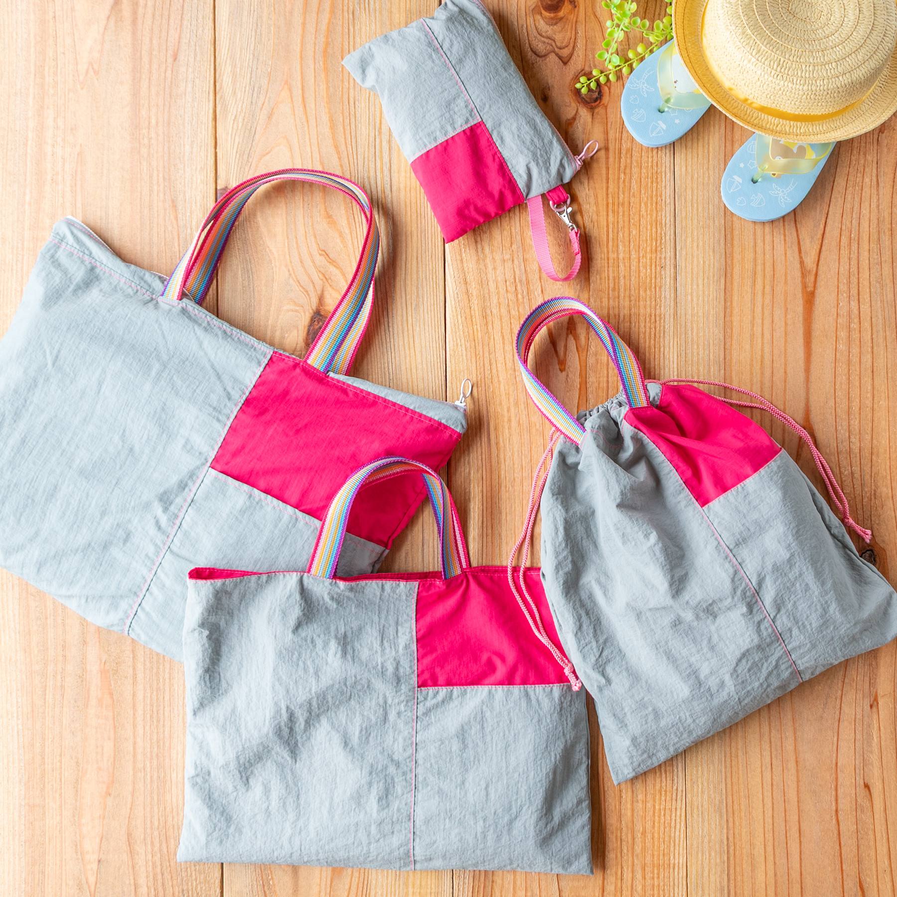 薄くて軽い、しゃかしゃか撥水バッグ4点セット：ピンク