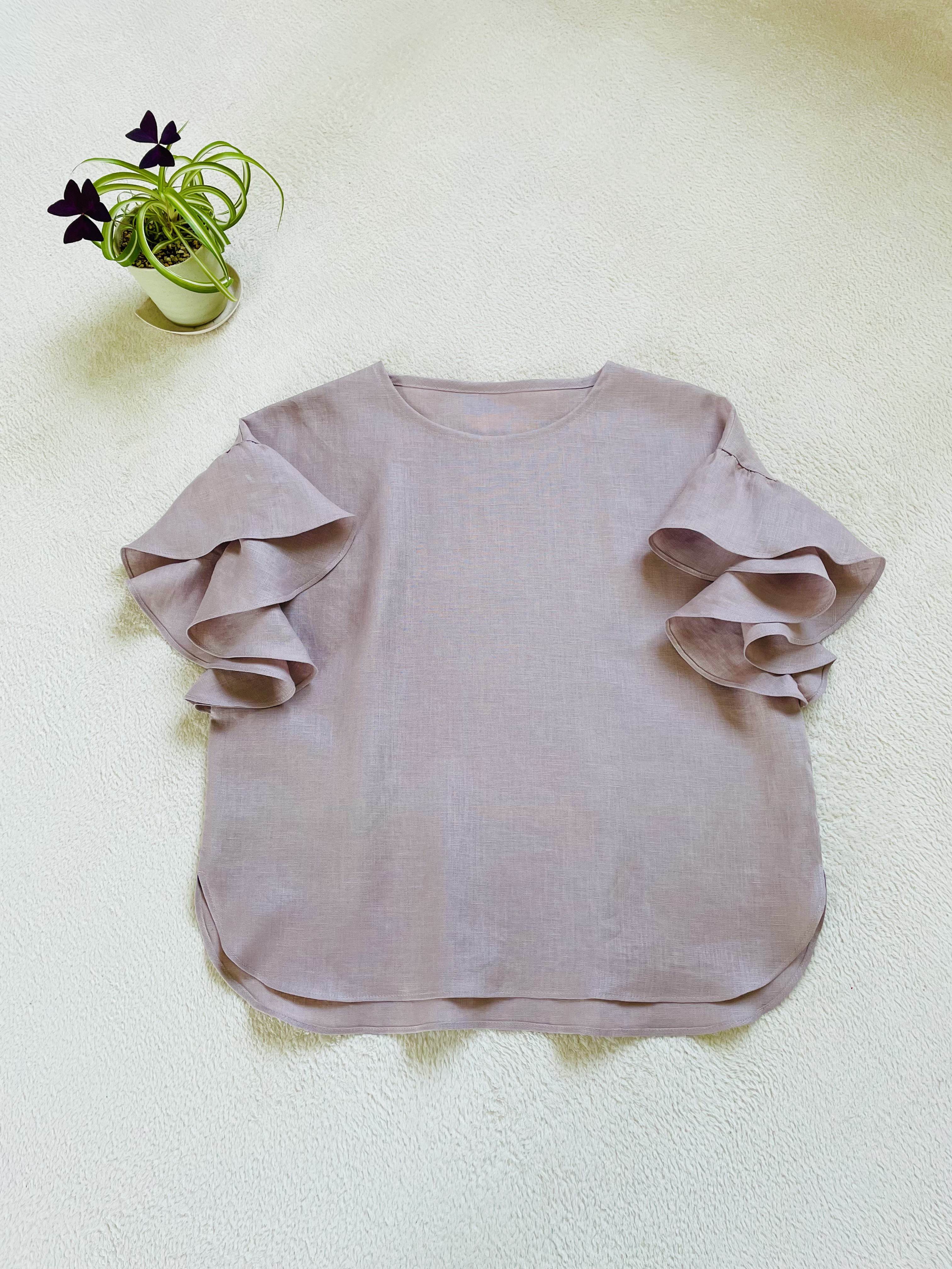 再販4❣️『桜2026』リネン素敵なフリル袖のブラウスグレーシュピンク