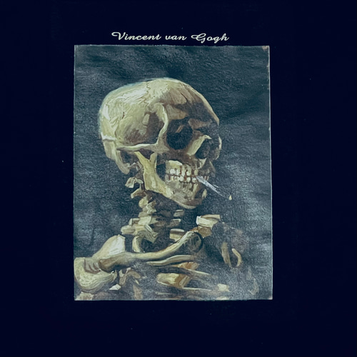 ゴッホ 火の付いたタバコをくわえた骸骨 ロンT 綿5.6オンス長袖Tシャツ