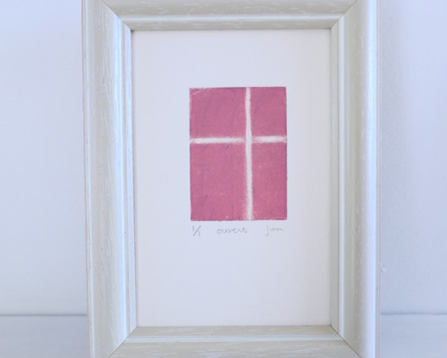 ピンク色の小さな銅版画・抽象画「ouvert」卓上額入り・インテリア