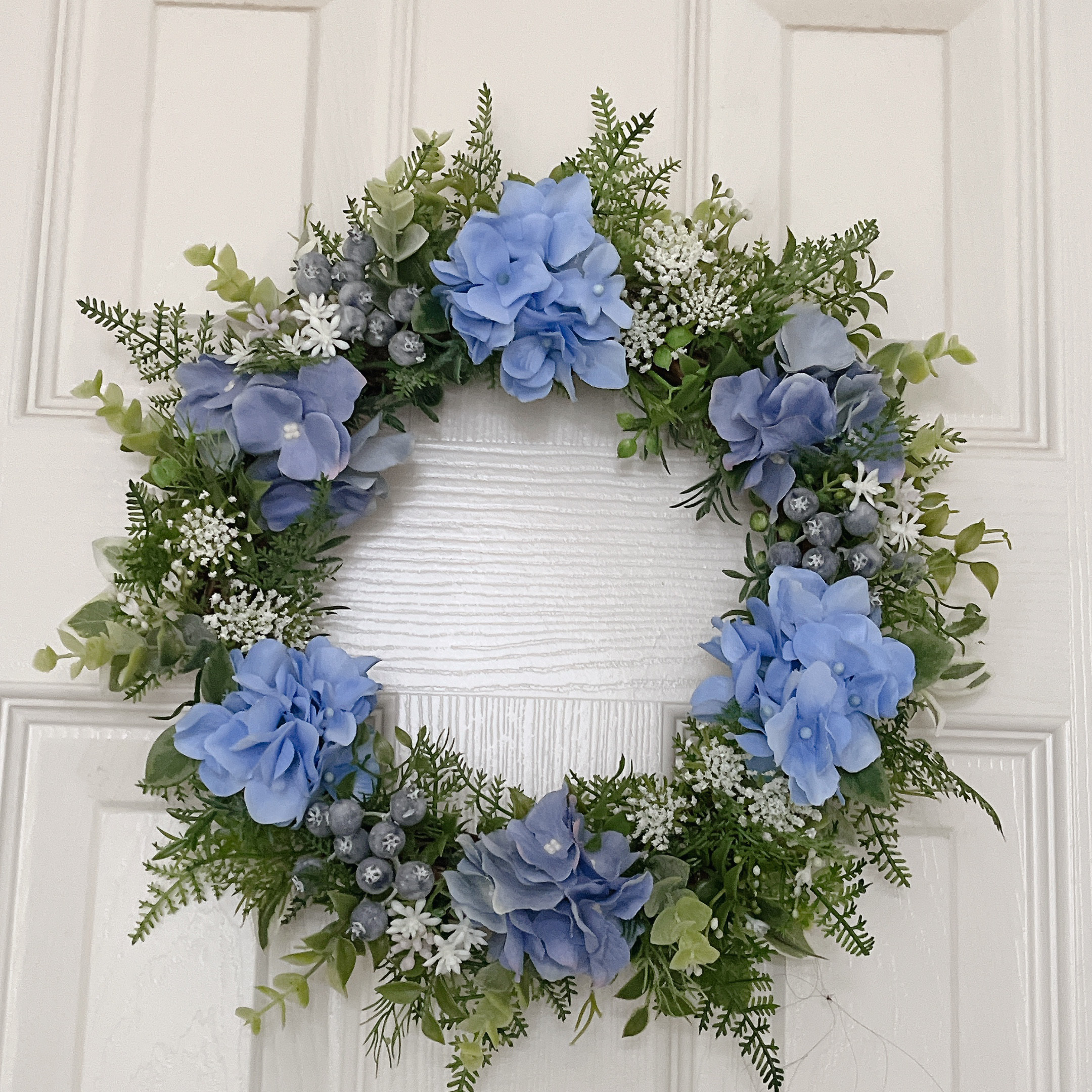 贈り物にも＊ 爽やか系の紫陽花とブルーのリース・30㎝・玄関にも　お部屋にも　ドアリース　贈り物　夏ギフト