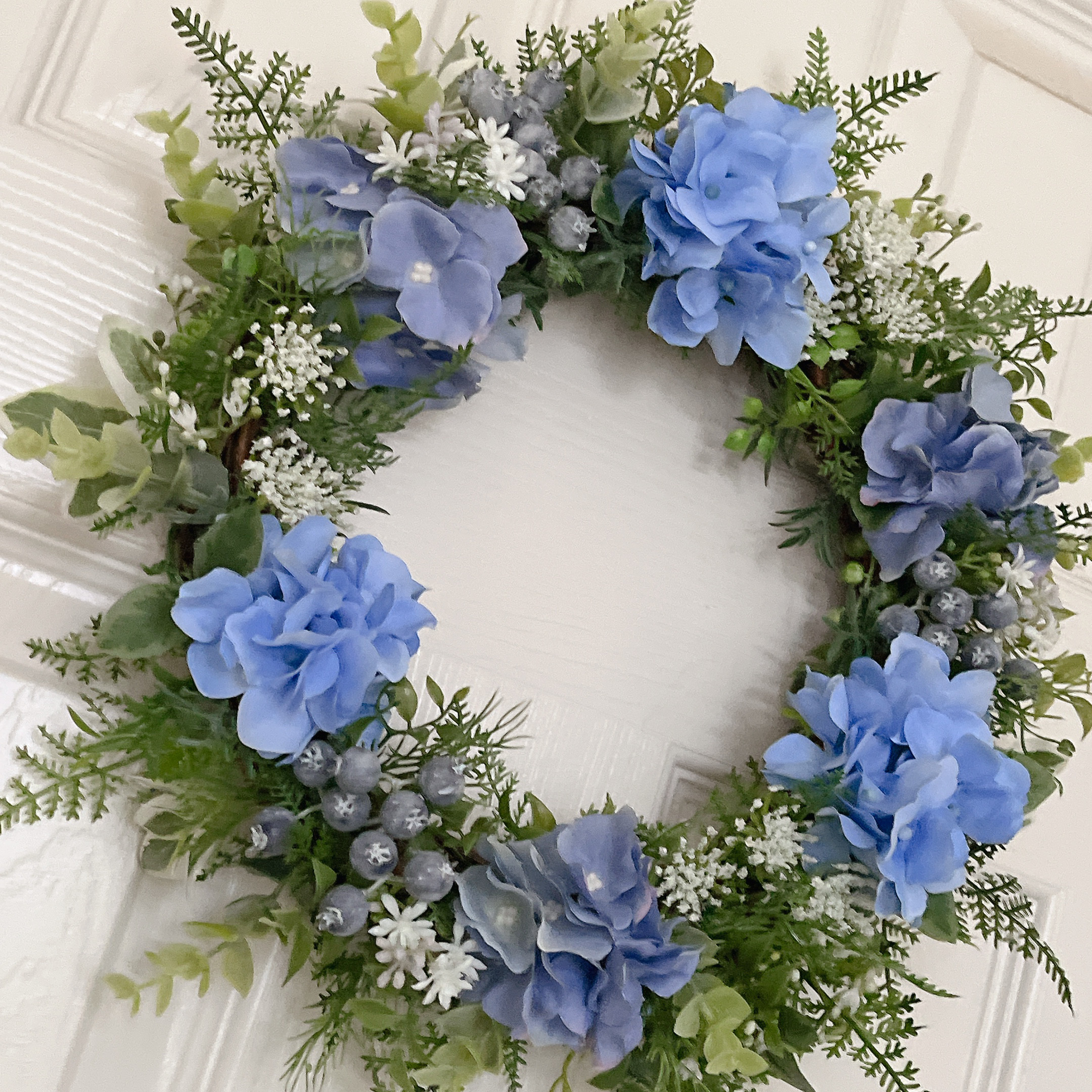 贈り物にも＊ 爽やか系の紫陽花とブルーのリース・30㎝・玄関にも　お部屋にも　ドアリース　贈り物　夏ギフト