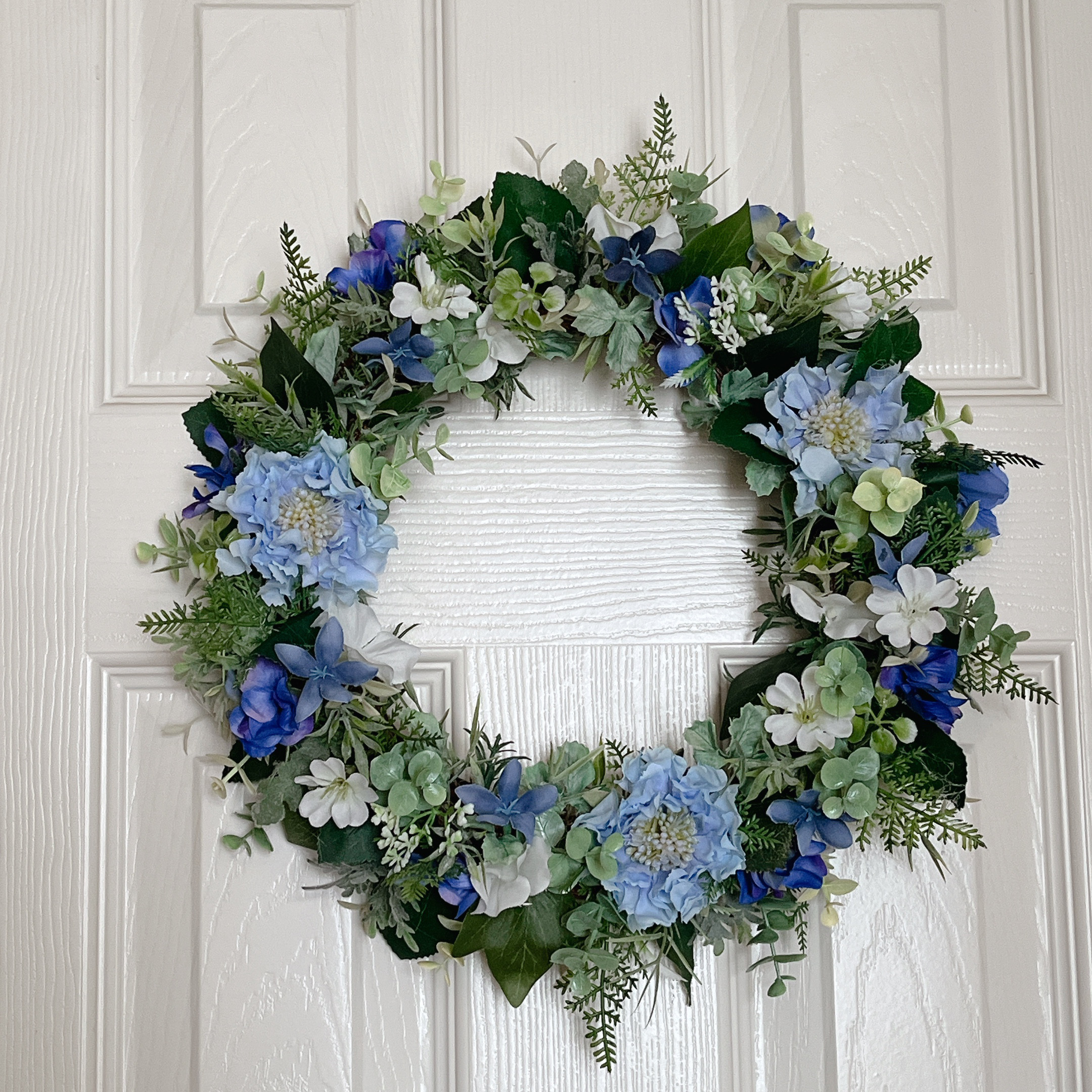 贈り物にも＊ 爽やか系の紫陽花とブルーのリース・30㎝・玄関にも　お部屋にも　ドアリース　贈り物　夏ギフト