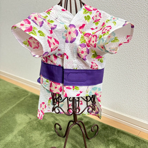 ☆新作犬服☆お花付き浴衣 女の子用 リップル 朝顔に金魚