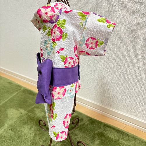 犬服 ハンドメイド浴衣 リップル生地Mサイズ ☆新作犬服☆お花付き浴衣 女の子用 リップル 朝顔に金魚