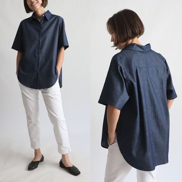 最終ＳＡＬＥ　甘織デニムDENIM 後ろ姿も抜かりない 背中丸み シャツ ジャケット 半袖 抜き襟 F11