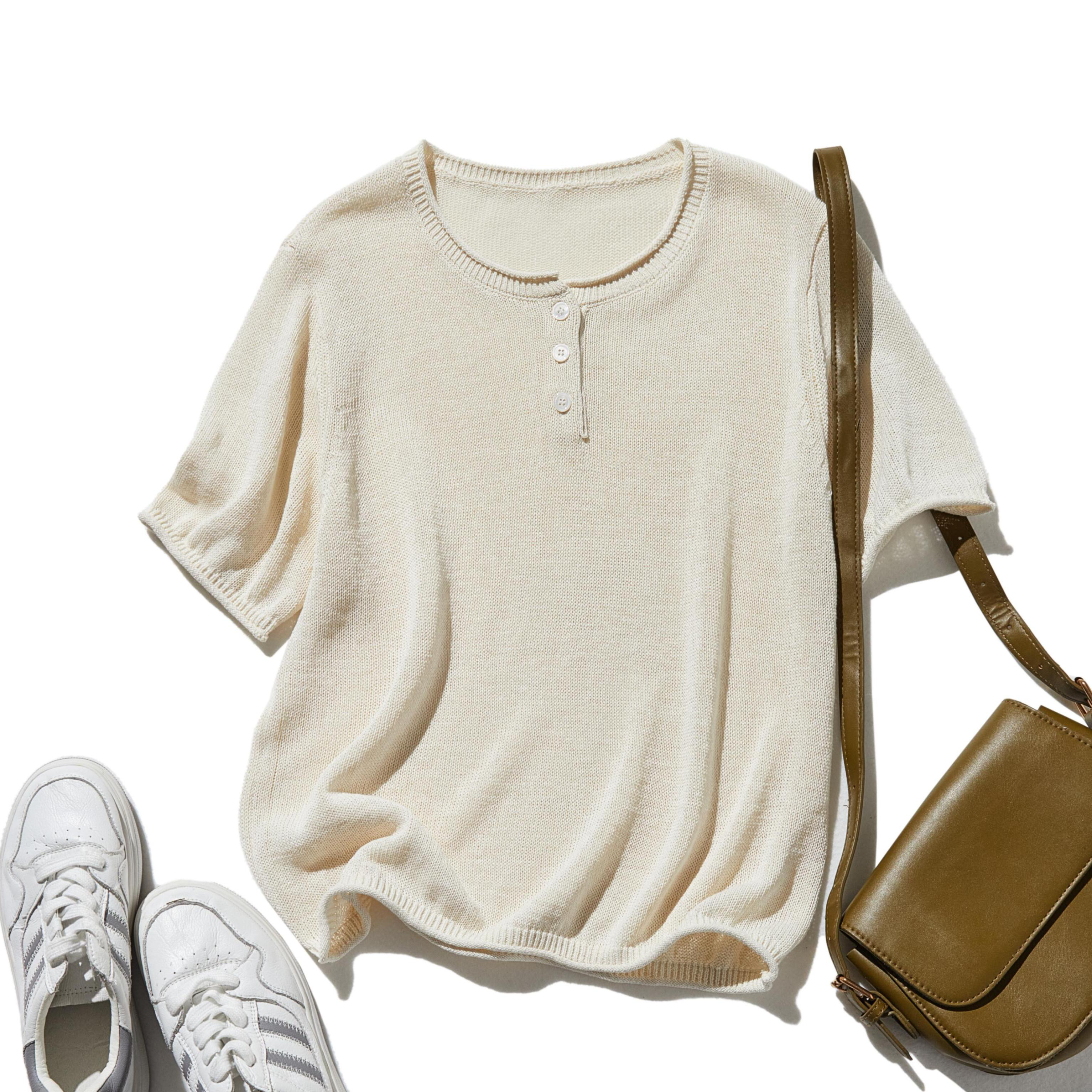 ★即納★和紙糸のさらり着心地♡立体ネックラインが映える 半袖ニット　 オフホワイト　250607-1