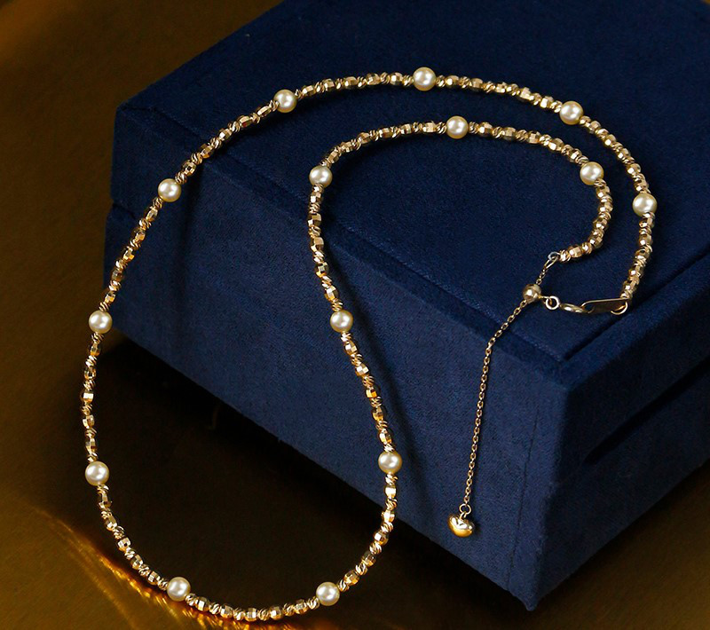 【La Corser】シャンパンゴールドフラッシュチェーン 3-4.9mm アコヤオーロラ海水真珠 星がいっぱい ゴールドビーン