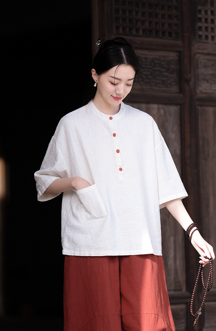 苎麻 立領禅意Tシャツ ホワイト 純白に宿る清浄な心 8263-1