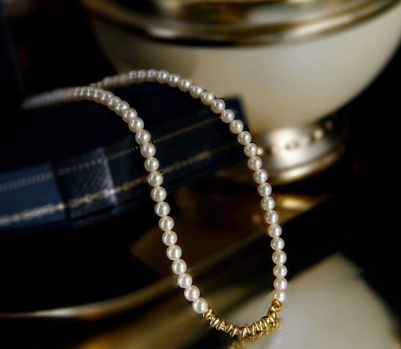 【La Corser】3-3.5mm シャンパンゴールド アコヤ海水真珠 小粒 ゴールド ストリング チェーン 18Kゴールドバ