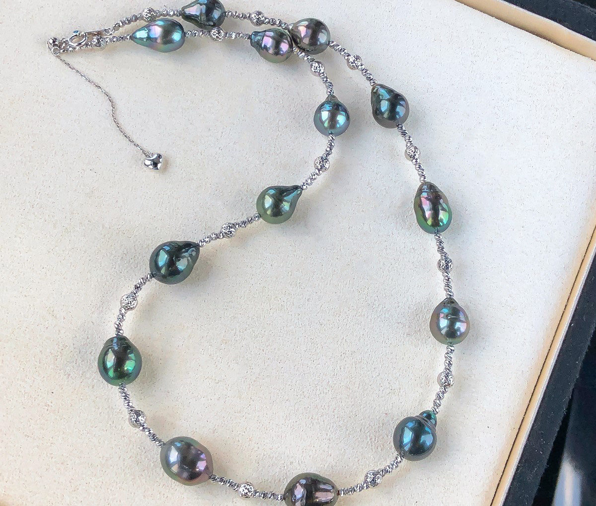 【La Corser】8-11mm タヒチ黒蝶真珠 海水 スターネックレス 18Kゴールド パイナップルゴールドボール 調節可能